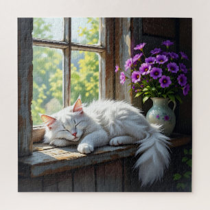 Cat Napping on the Window Sill Purple Flowers Jigsaw Puzzle