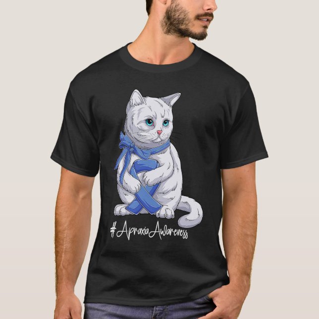 Cat National Apraxia Awareness Month Blue Ribbon T-Shirt (Front)