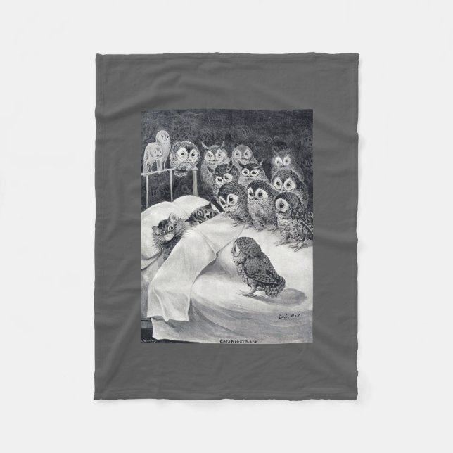 Cat Nightmare Owl Bird, Louis Wain Fleece Blanket (Front)