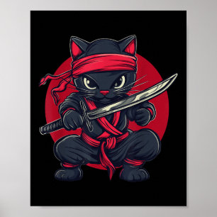 Cat Ninja Samurai Japan Japanese Flag Kawaii Funny Poster