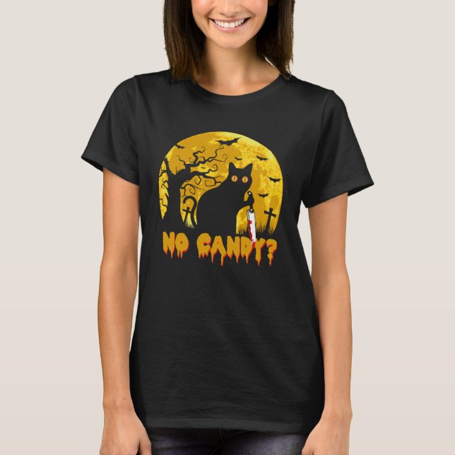 Cat No Candy Murderous Cat With Knife Halloween Co T-Shirt (Front)