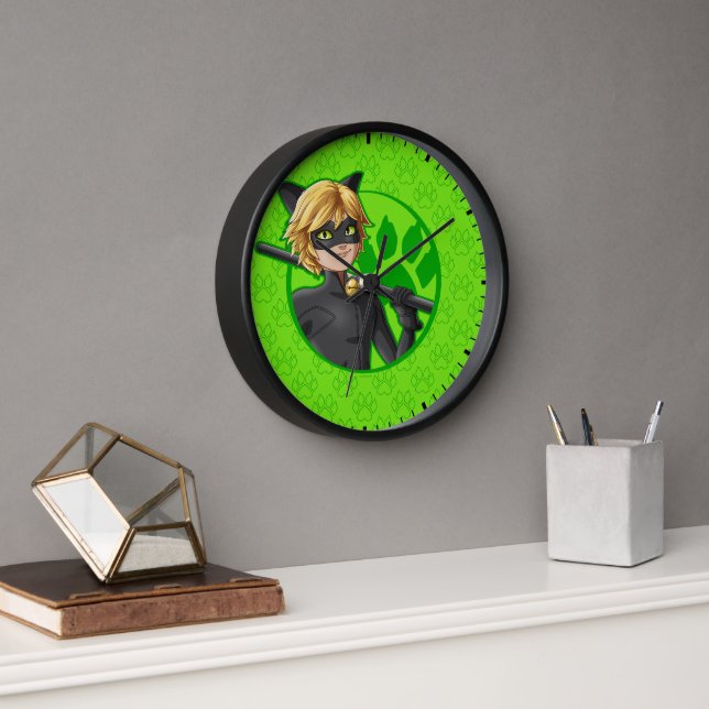 Cat Noir Green Badge Clock (Office)