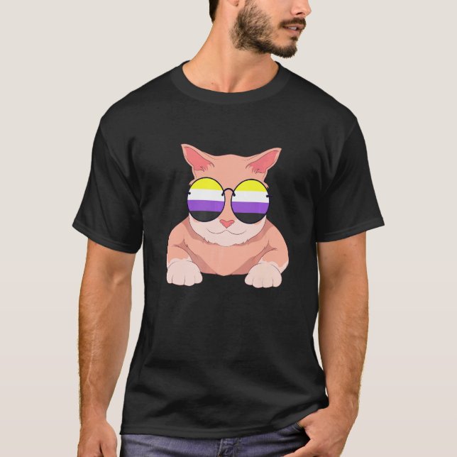 Cat Nonbinary Flag Sunglasses Lgbt Pride Non Binar T-Shirt (Front)