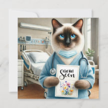 Cat Nurse with flower with Get well Soon Card