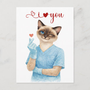 Cat Nurse with Mini Heart sending Love Postcard