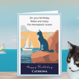 Cat Ocean View Retro Personalized Happy Birthday Card