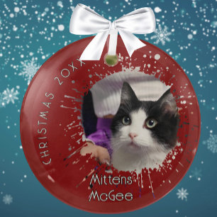 Cat on 2025 Red Splatter Pattern Christmas Glass Ornament
