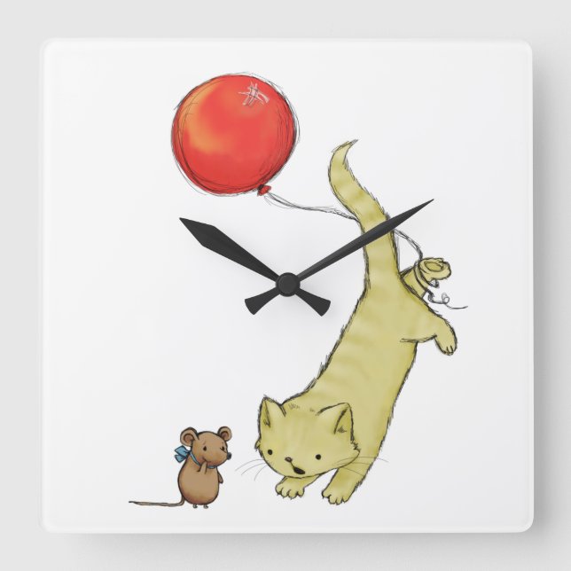 Cat on a balloon square wall clock (Front)