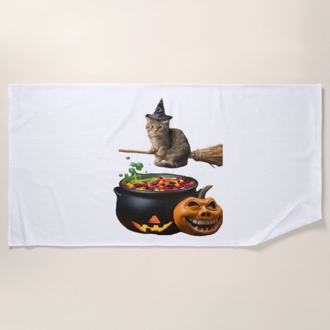 Cat on a broomstick on Halloween. Classic T-Shirt Beach Towel (Front)