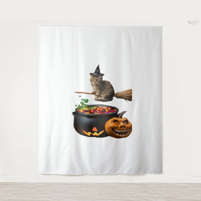 Cat on a broomstick on Halloween. Classic T-Shirt Tapestry (Front)