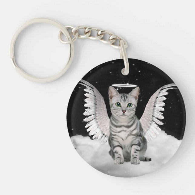 Cat on a Cloud Angel Silver Tabby Keychain (Front)