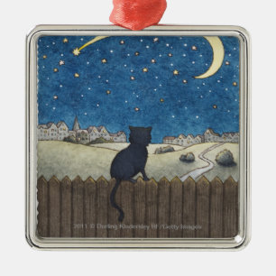 Cat on a fence looking at night sky above city metal ornament