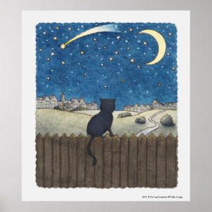 Cat on a fence looking at night sky above city poster