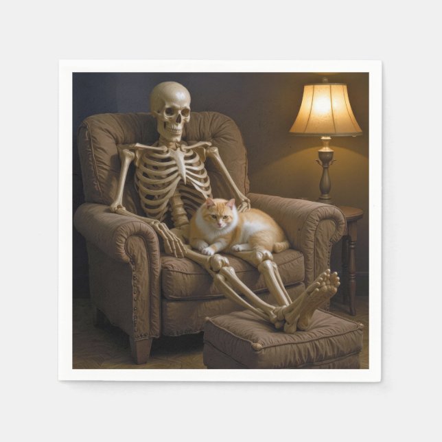 Cat On a Halloween Skeleton Napkin (Front)