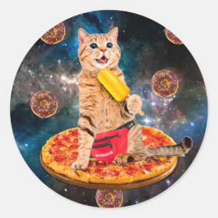 Cat on a pizza eating ice lolly classic round sticker