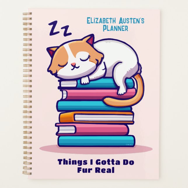 Cat on a Stack of Books Cute Custom Readers Name Planner (Front)