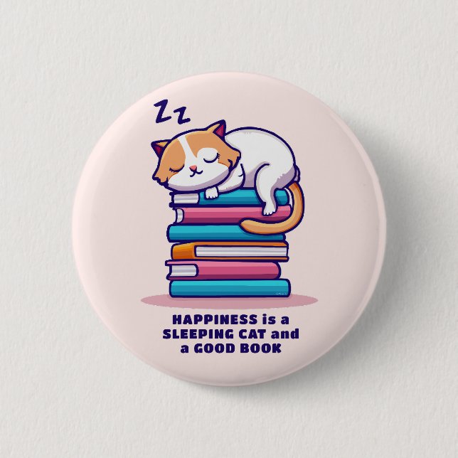 Cat on a Stack of Books Cute Personalized Literary 2 Inch Round Button (Front)