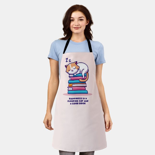 Cat on a Stack of Books Cute Personalized Literary Apron (Worn)