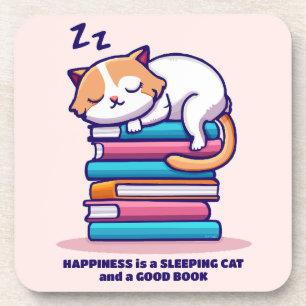 Cat on a Stack of Books Cute Personalized Literary Coaster