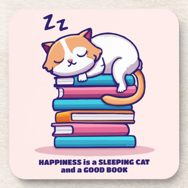 Cat on a Stack of Books Cute Personalized Literary Coaster (Front)