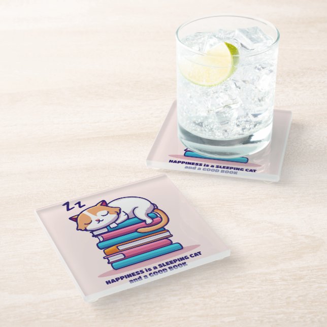 Cat on a Stack of Books Cute Personalized Literary Glass Coaster (Angled)