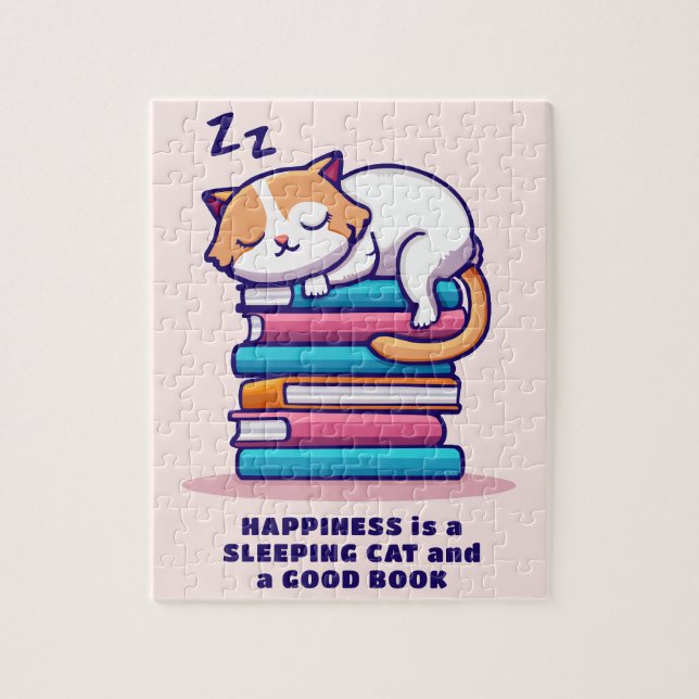 Cat on a Stack of Books Cute Personalized Literary Jigsaw Puzzle (Vertical)