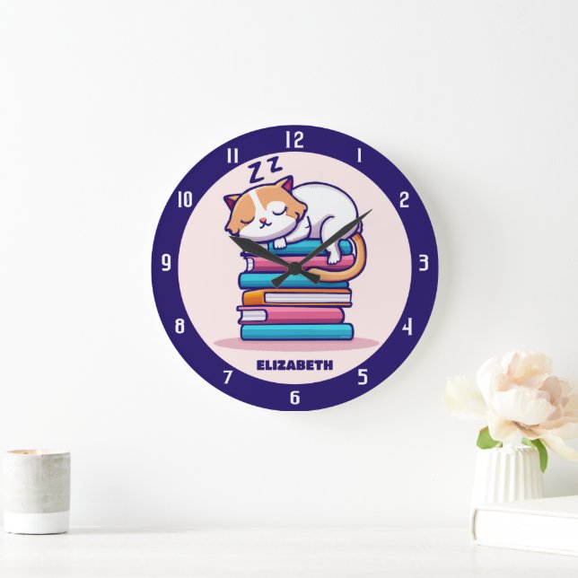 Cat on a Stack of Books Cute Personalized Literary Large Clock (Home)