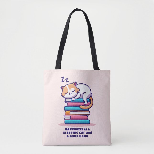 Cat on a Stack of Books Cute Personalized Literary Tote Bag (Front)
