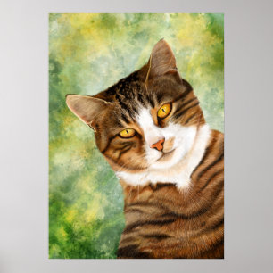 Cat On a Tree Drawing Green Yellow Brown Poster
