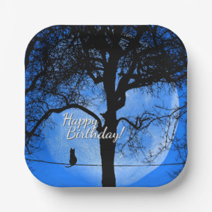 Cat on a Wire Blue Moon Happy Birthday Paper Plate