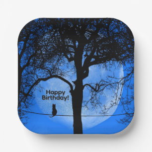 Cat on a Wire Blue Moon Happy Birthday Paper Plate