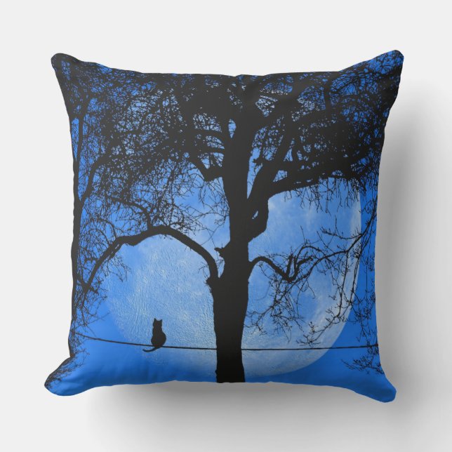 Cat on a Wire Blue Moon Outdoor Pillow (Front)