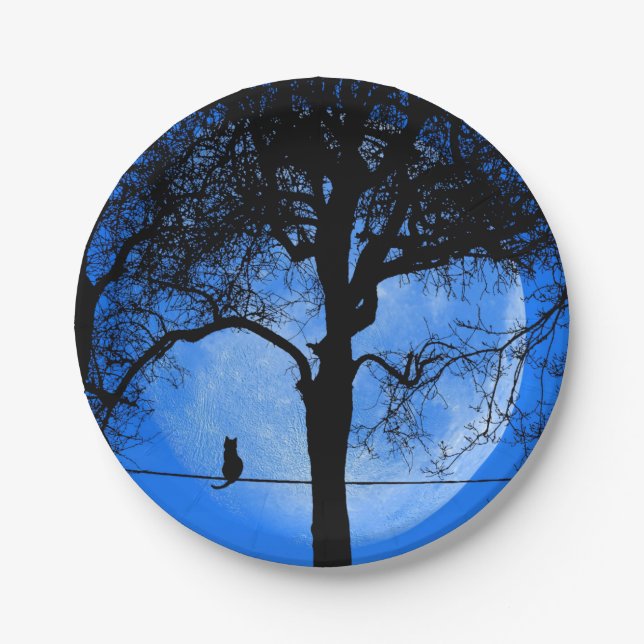 Cat on a Wire Blue Moon Paper Plate (Front)