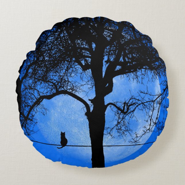 Cat on a Wire Blue Moon Round Pillow (Front)