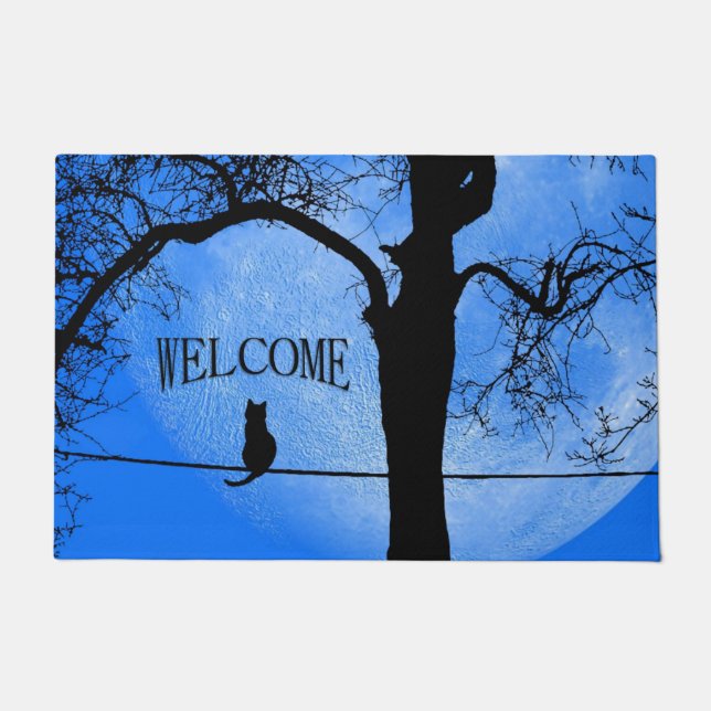 Cat on a Wire Blue Moon Welcome Doormat (Front)