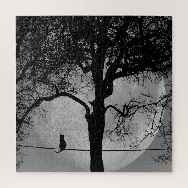 Cat on a Wire Full Moon Jigsaw Puzzle (Vertical)
