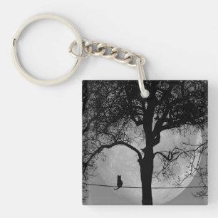 Cat on a Wire Full Moon Keychain