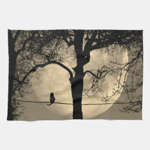 Cat on a Wire Full Moon Kitchen Towel