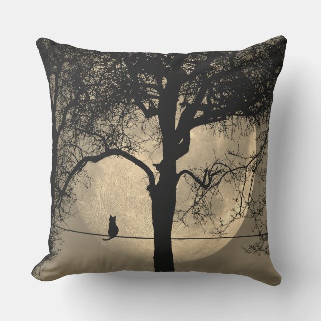 Cat on a Wire Full Moon Outdoor Pillow (Front)