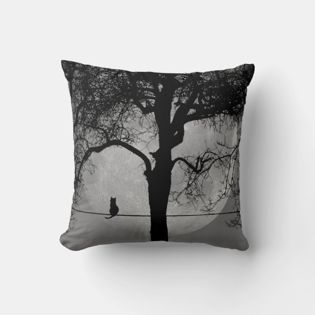Cat on a Wire Full Moon Solid Grey Back Throw Pillow (Front)