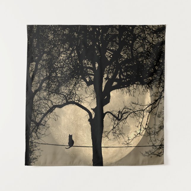 Cat on a Wire Full Moon Tapestry (Front)