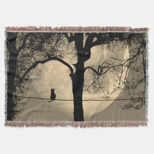 Cat on a Wire Full Moon Throw Blanket