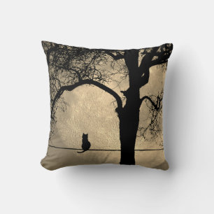 Cat on a Wire Full Moon Throw Pillow