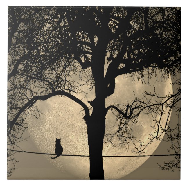 Cat on a Wire Full Moon Tile (Front)