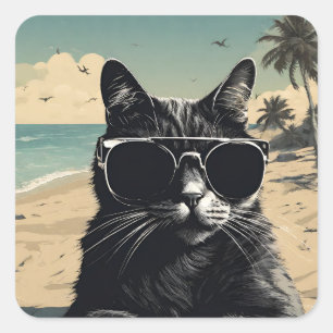 Cat on Beach - High Quality Design Square Sticker