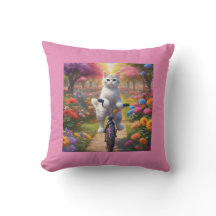Cat on Bicycle in Colourful Flower Scene Pillow