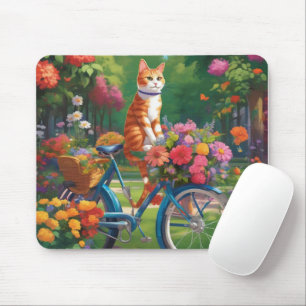 Cat On Bicycle with Colourful Flowers Mouse Pad