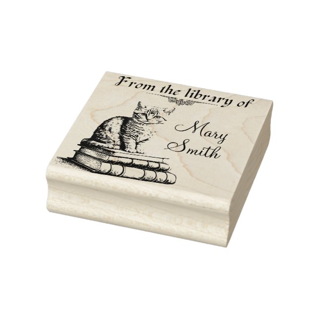 Cat on Books Personalised Wood Art Stamp for books (Stamp)