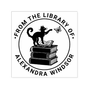 Cat on Books Swatting Butterfly Library Book Name Self-inking Stamp