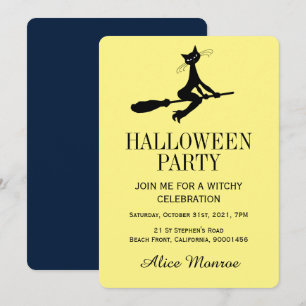 Cat On Broomstick, Halloween Party Invitation